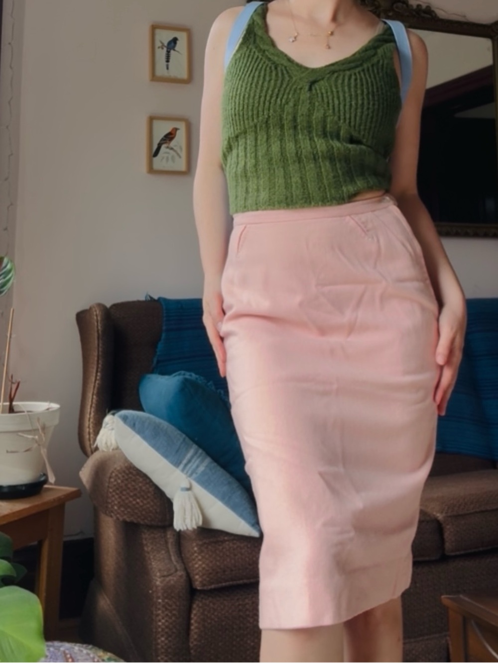 Baby Peach-Pink Women's Vintage Midi Skirt